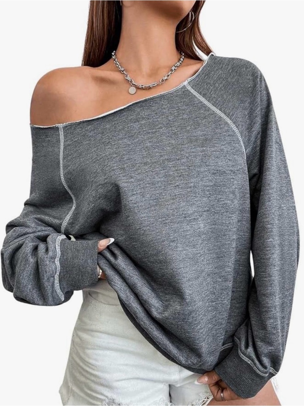 Off-Shoulder Charcoal Gray Women’s Sweatshirt